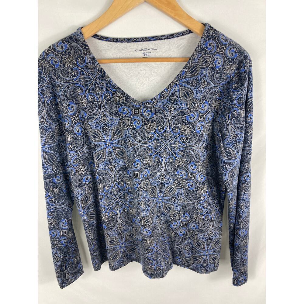 Croft & Barrow Pima Cotton Paisley Patterned Long Sleeve Blue Size PXL